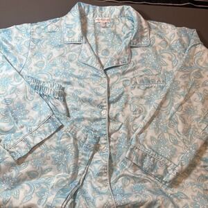Miss Elaine Womens Button Front Paisley Pajama Set Size XL Blue White Sleepwear
